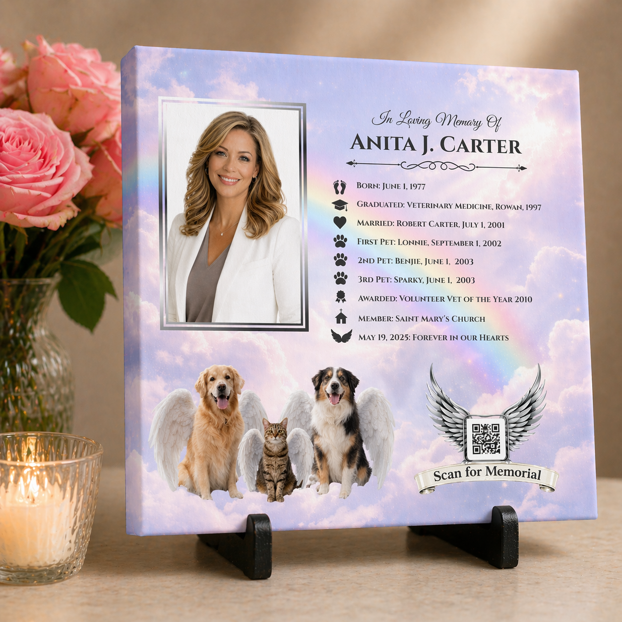 Personalized plaque with a photo of a woman, two dogs, and a cat with a memorial timeline. 