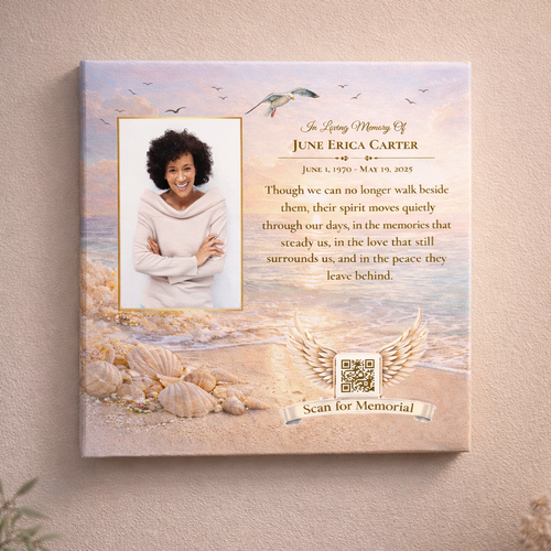 Memorial Canvas with a photo of a woman, text, and QR code on a beach-themed background.