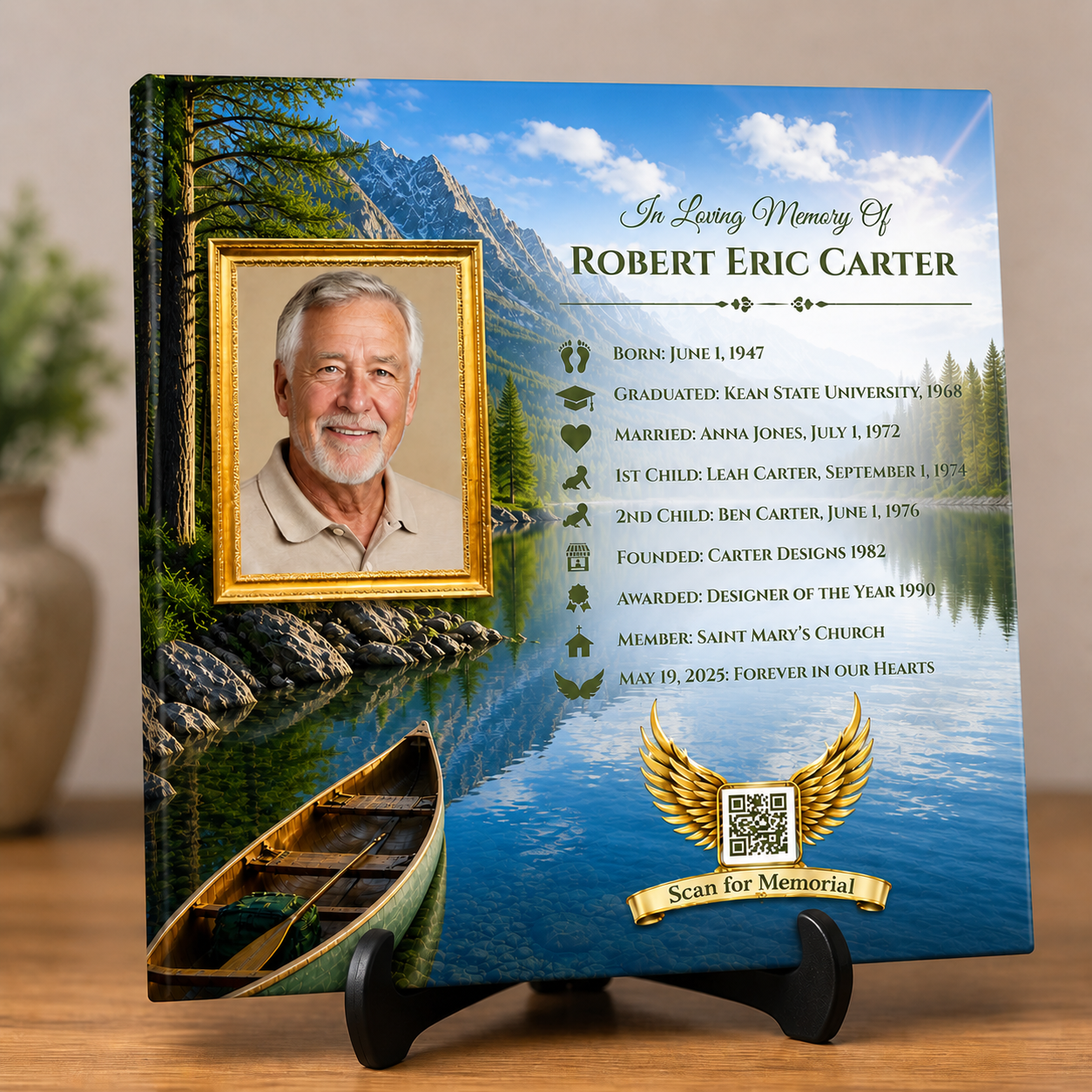 Memorial canvas with a photo of a man, his life timeline and a lake.