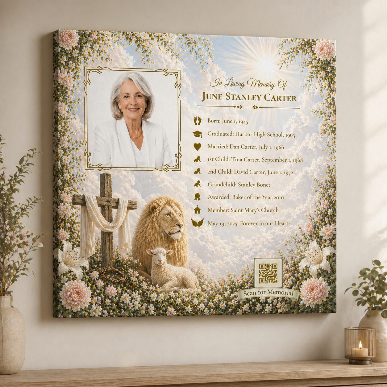 Memorial artwork with a photo of a woman, cross, lion, and lamb on a decorative background.