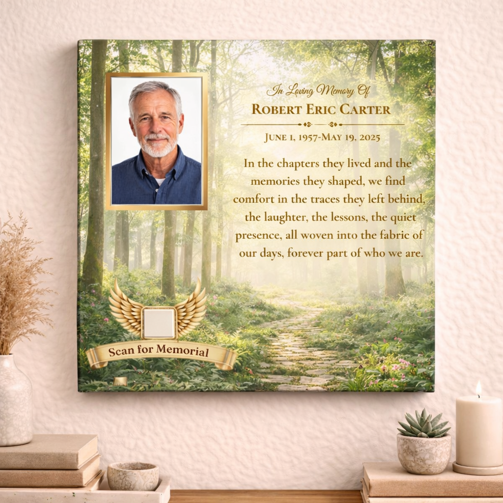 Memorial canvas with a photo of a man, quote, and a forest scene on a wall.