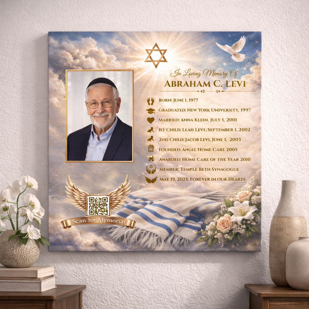 Memorial plaque with a photo of a man, Judaism theme and a life timeline.