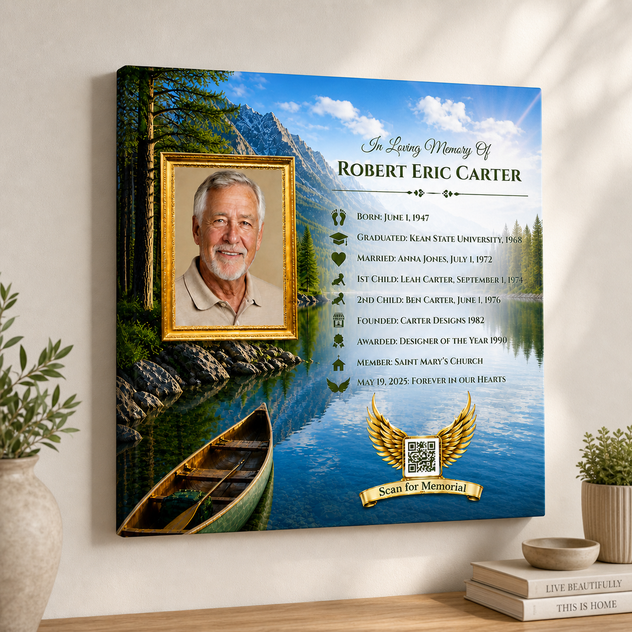 Memorial canvas with a photo of a man, his life timeline and a lake.