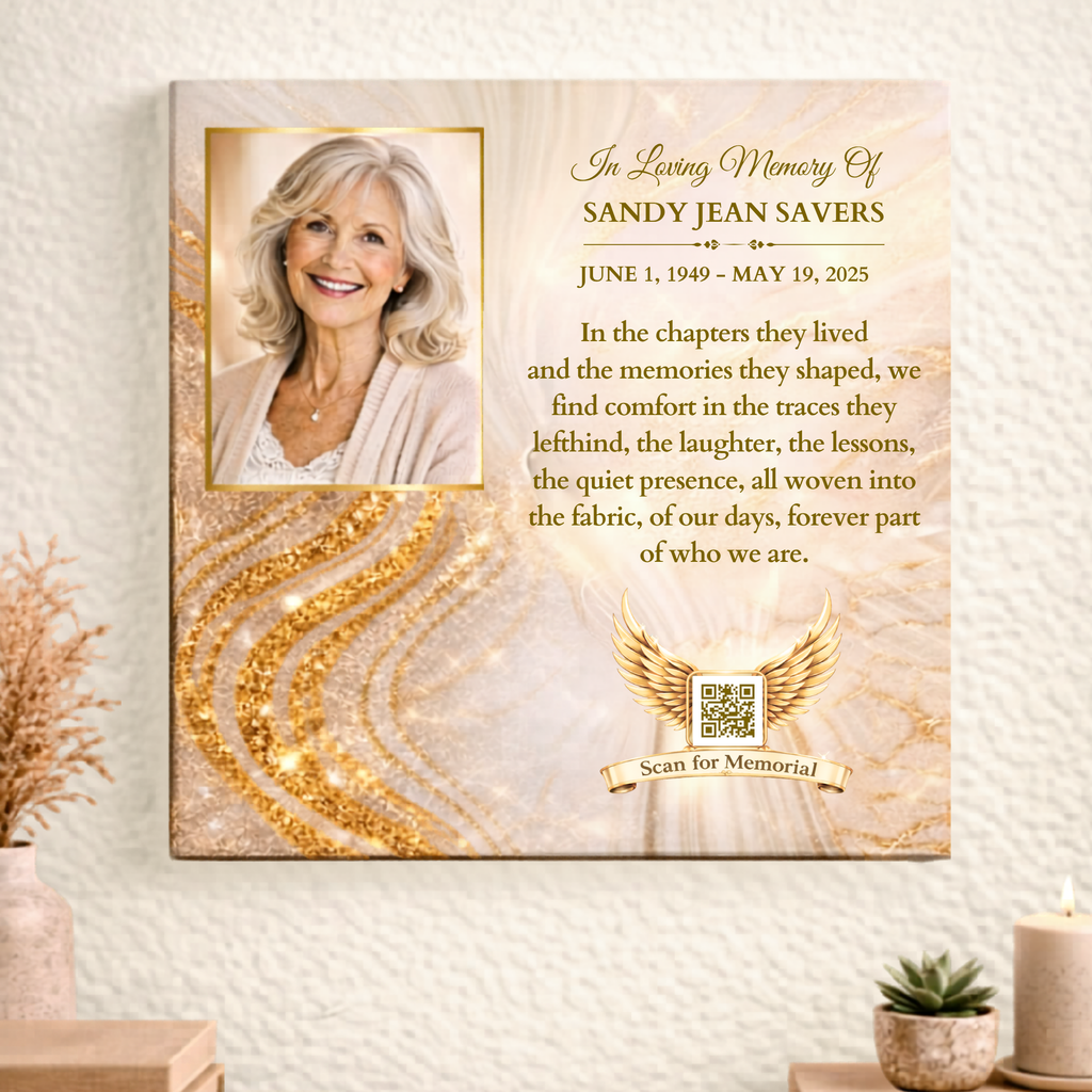 Memorial canvas with a portrait of a woman and quote on a wall.