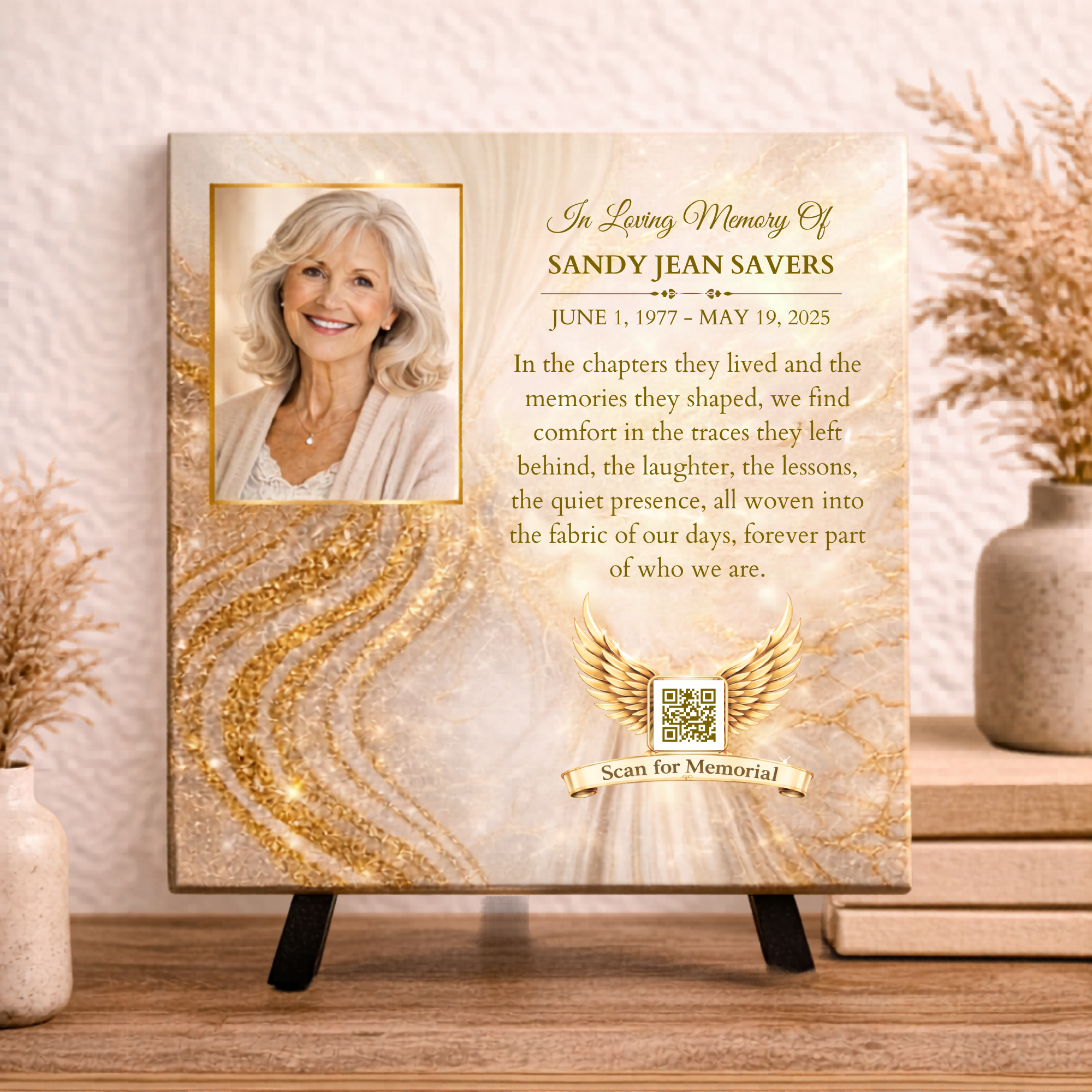 Memorial canvas with a portrait of a woman and quote on a decorative stand.