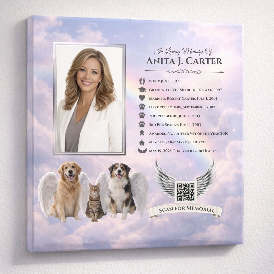 Personalized memorial canvas print with a pet‑themed background, rectangular photo frame, and customizable text for life milestones.