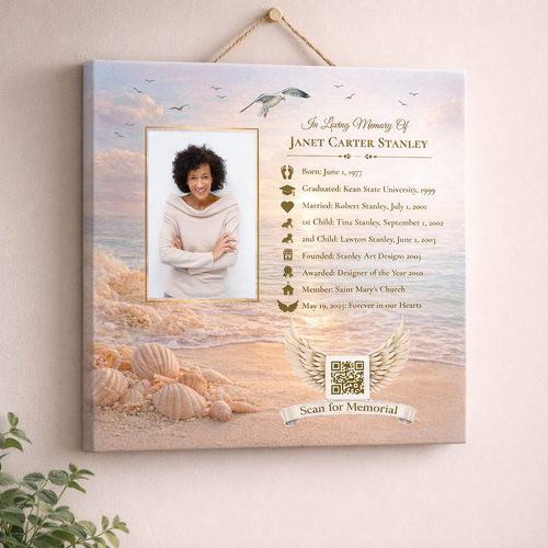 Personalized memorial canvas print with a beach‑themed background, rectangular photo frame, and customizable text for life milestones.