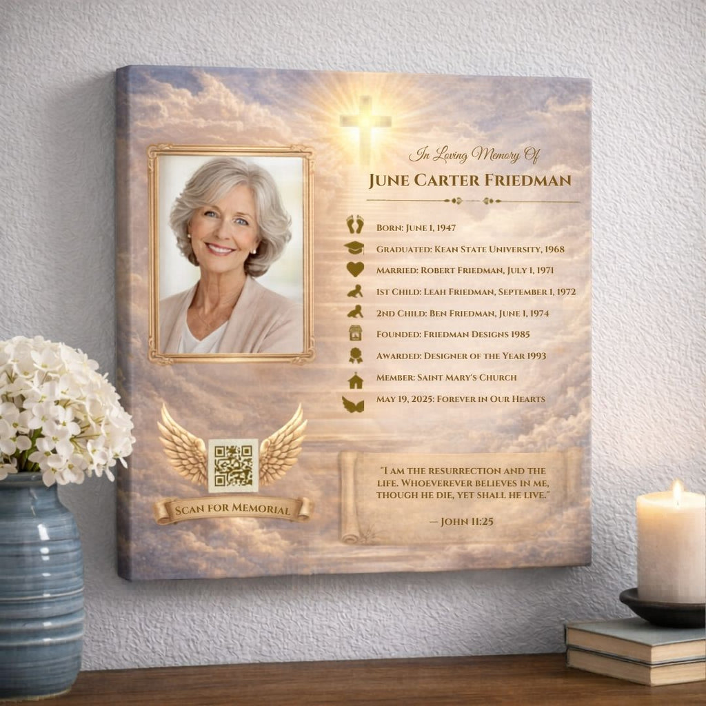 Personalized memorial canvas print with a Christian‑themed background, rectangular photo frame, and customizable text for life milestones.