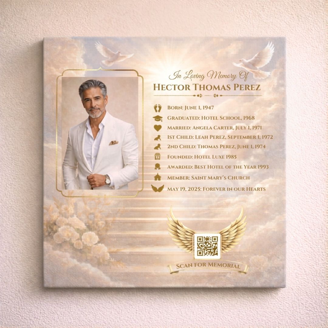 Personalized memorial canvas print with a dove‑themed background, rectangular photo frame, and customizable text for life milestones.