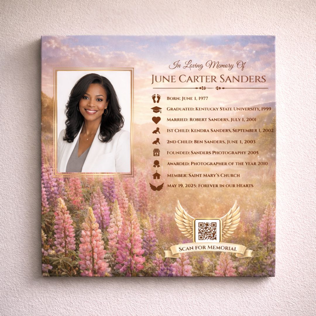 Personalized memorial canvas print with a Lupine‑themed background, rectangular photo frame, and customizable text for life milestones.