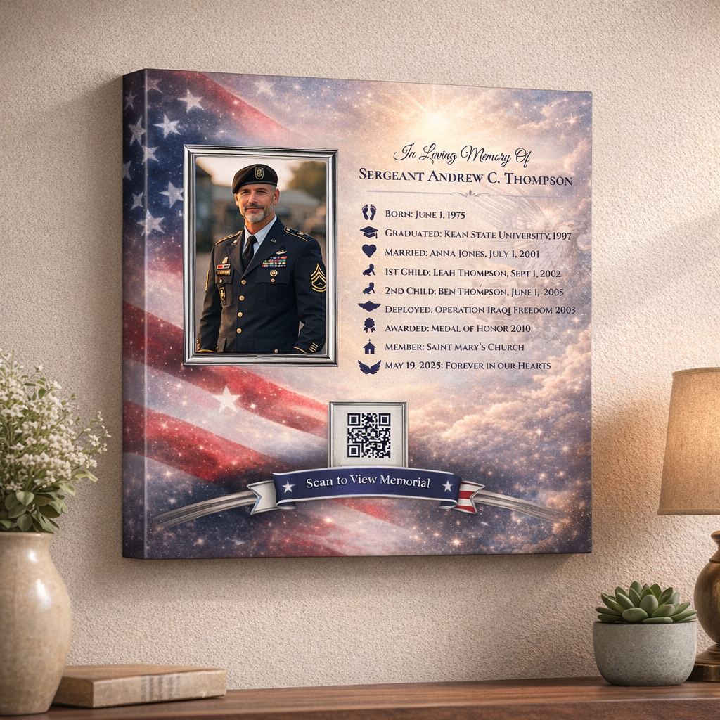 Personalized memorial canvas print with a Military theme rectangle photo frame and customizable text layout for life milestones.