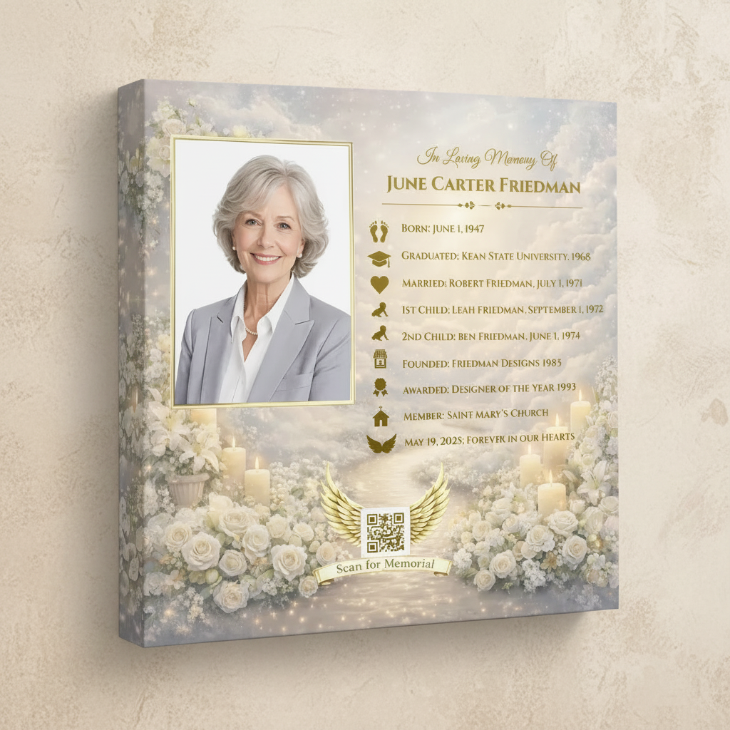Memorial timeline with a portrait of a woman, text, and floral design on a white background