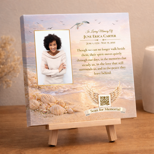 Memorial canvas with a photo of a woman and text on a wooden stand.