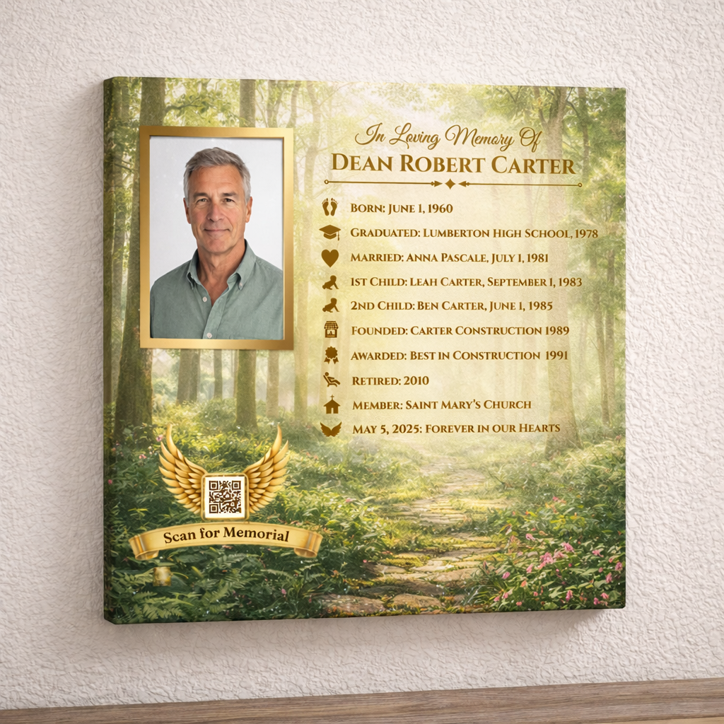 Memorial plaque with a photo of a man, timeline and a forest background on a wall.