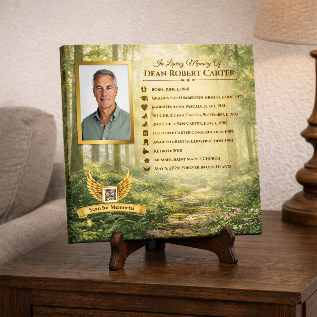 Memorial plaque with a photo of a man, timeline and a forest background on a wooden stand.