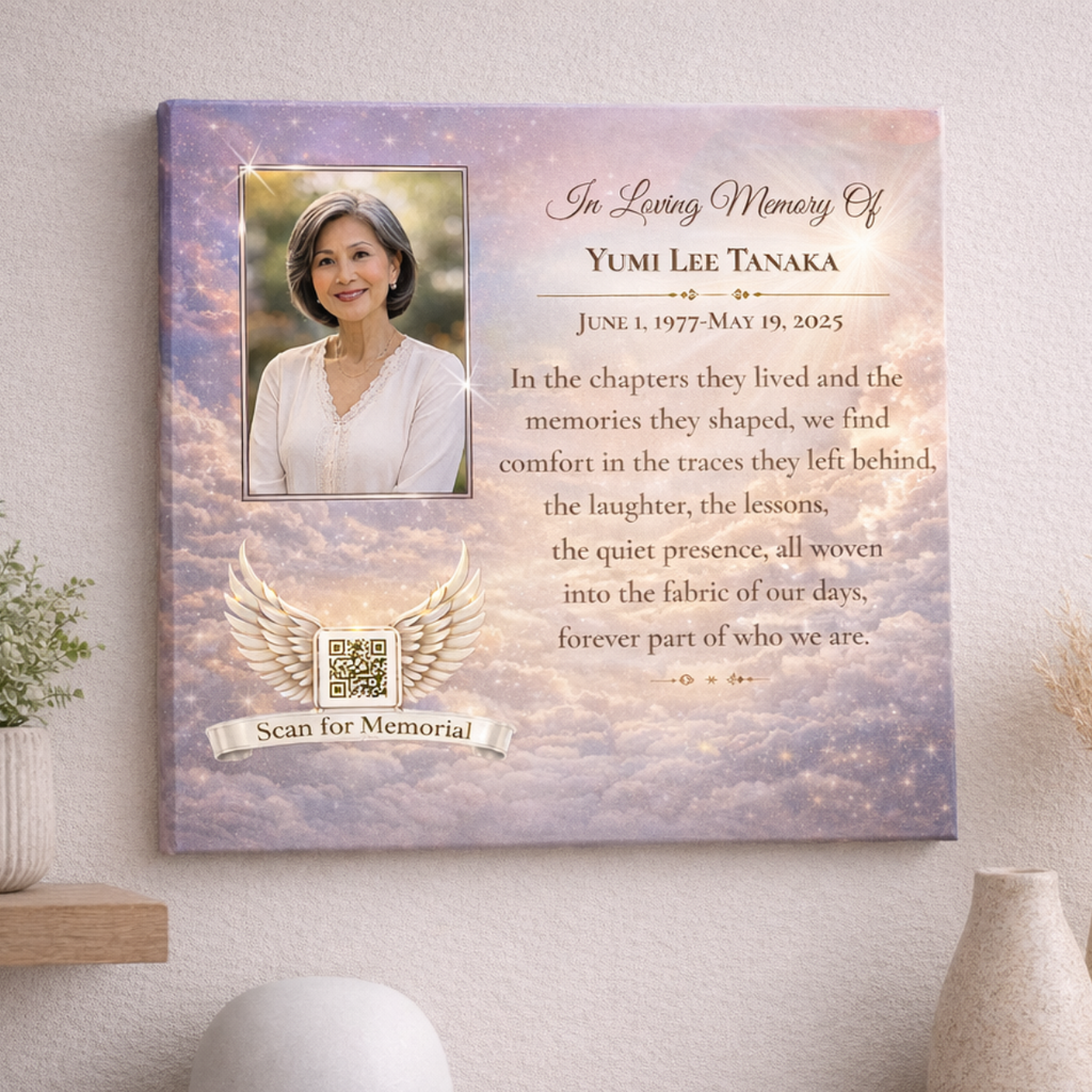 Memorial canvas featuring a woman's portrait, a quote, and a sky filled with clouds on a wall.