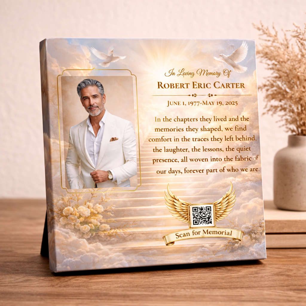 Memorial canvas with a portrait of a man and quote on a decorative stand.