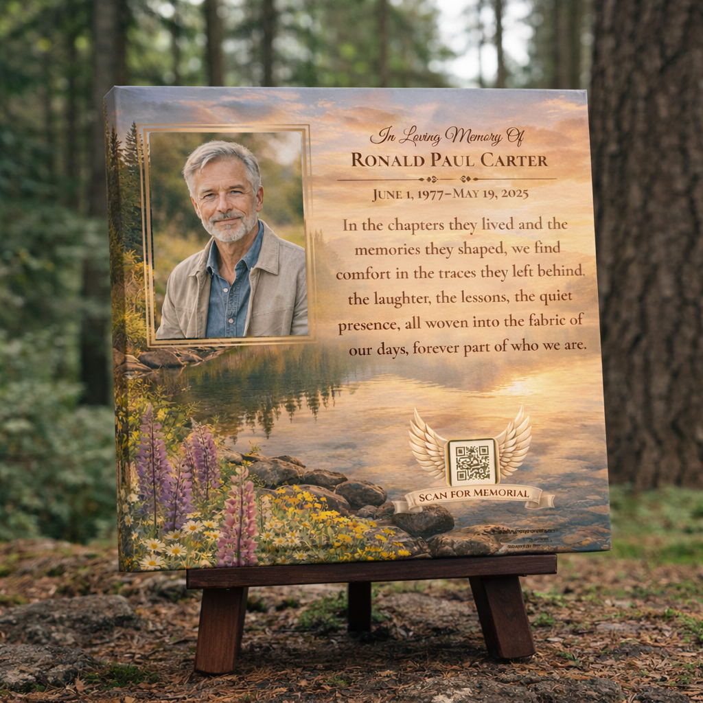 Memorial canvas featuring a man's portrait, a quote, and a lake with mountains.