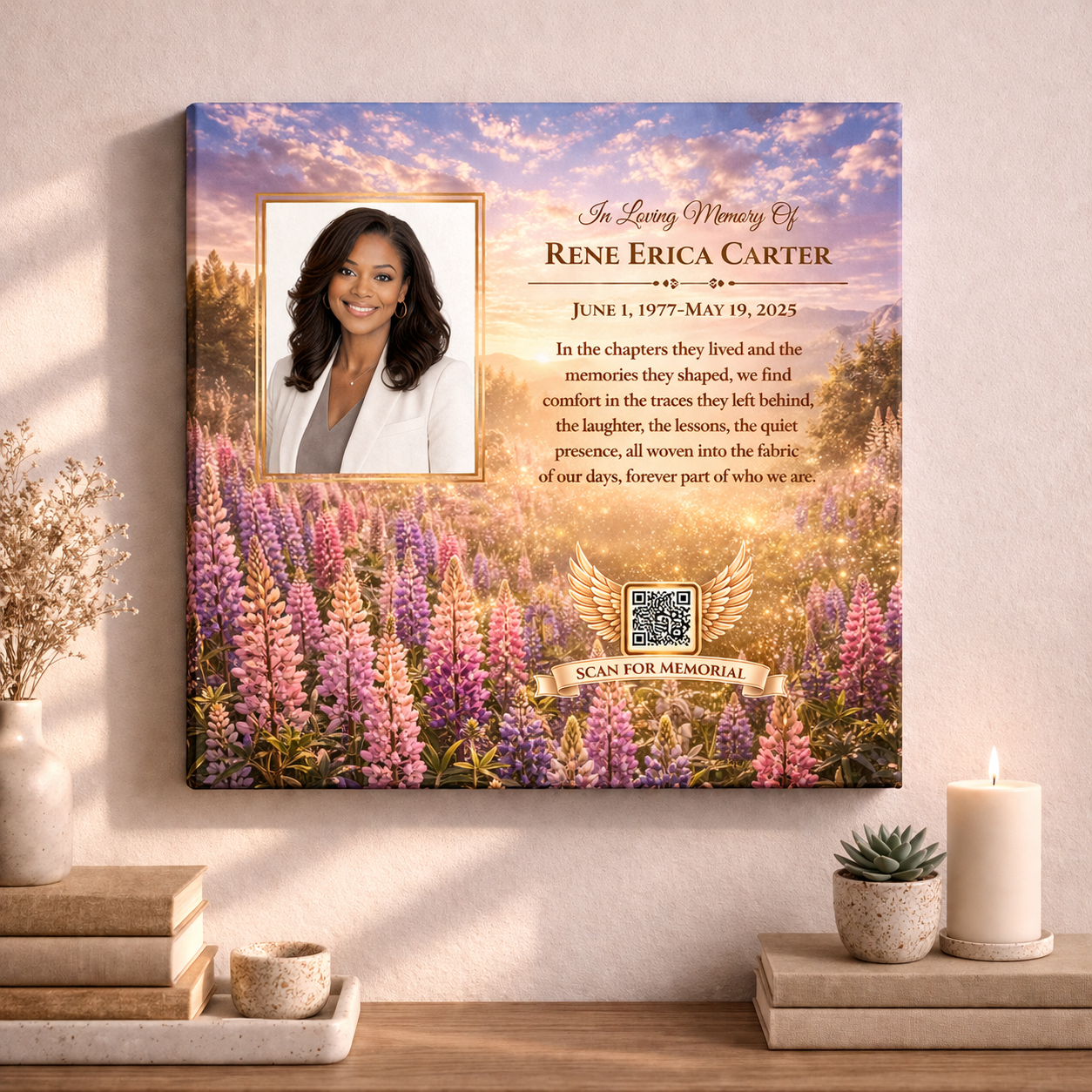 Memorial canvas featuring a woman's portrait, a quote, and a field of lupines on a decorative wall.