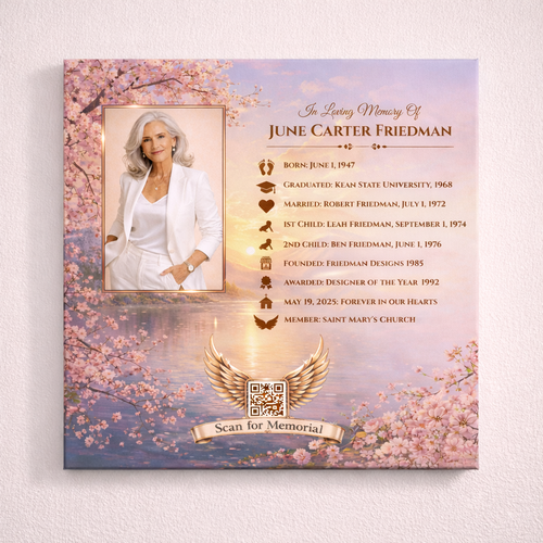 Memorial plaque with cherry blossom design, timeline and QR code for memorial page.