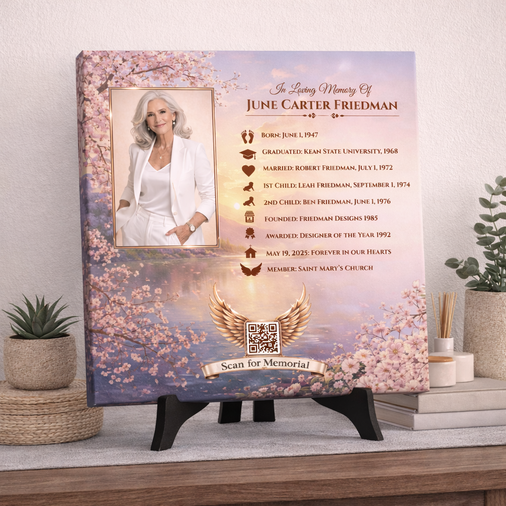 Memorial plaque with a photo of a woman, timeline memorial and cherry blossom trees.