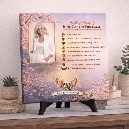 Memorial plaque with a photo of a woman, timeline memorial and cherry blossom trees.