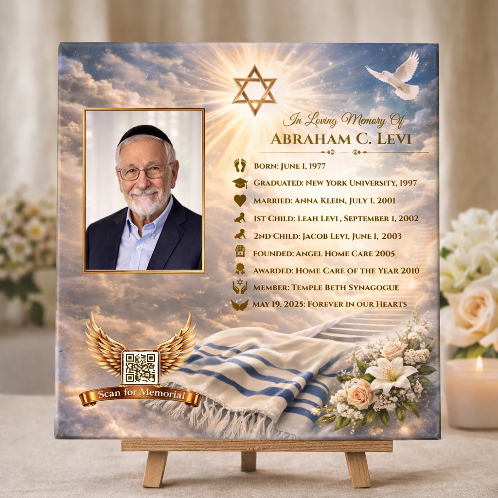Memorial plaque with a photo of a man, Judaism theme and a life timeline.