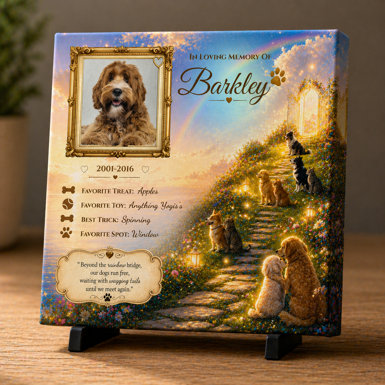 Memorial plaque for a dog named Barkley with a rainbow bridge design and pet's photo.