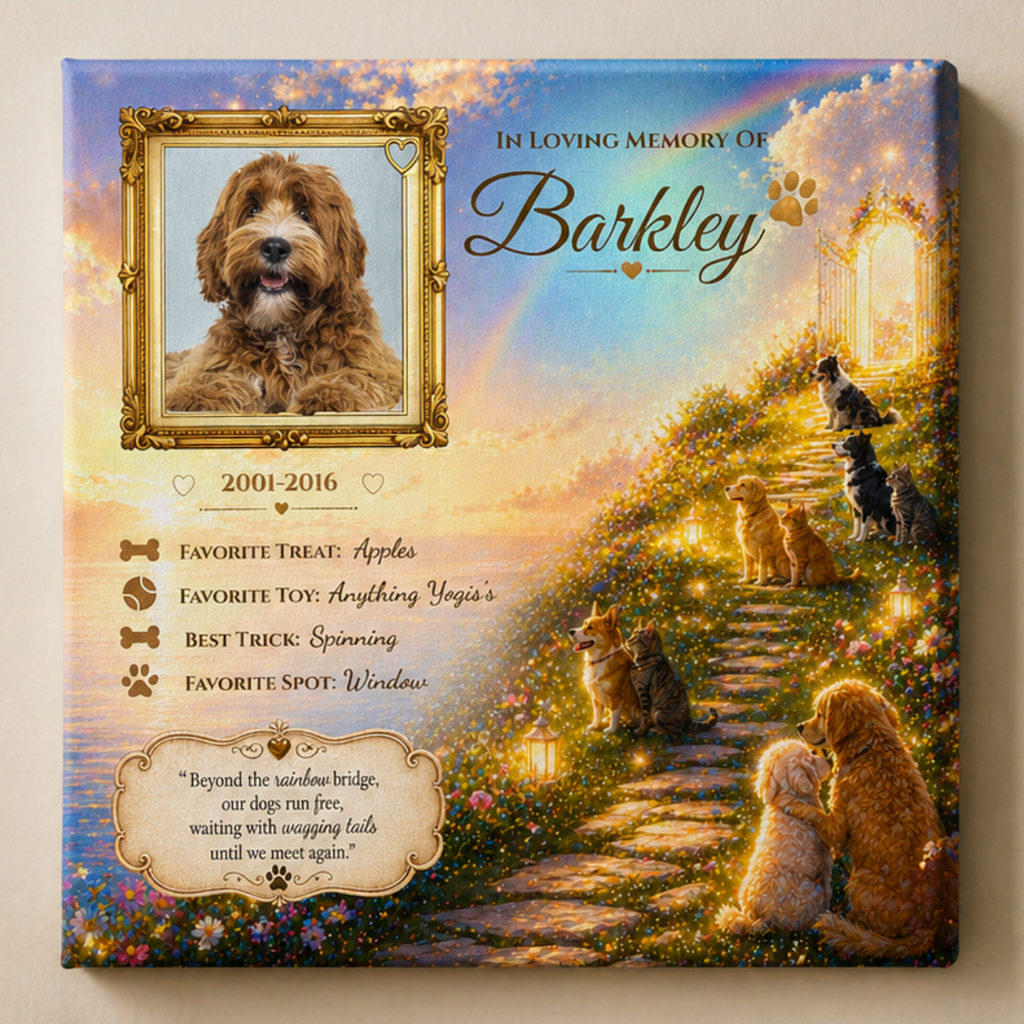 Memorial canvas for a dog with custom photo and pet heaven scenes with dog sand cats.