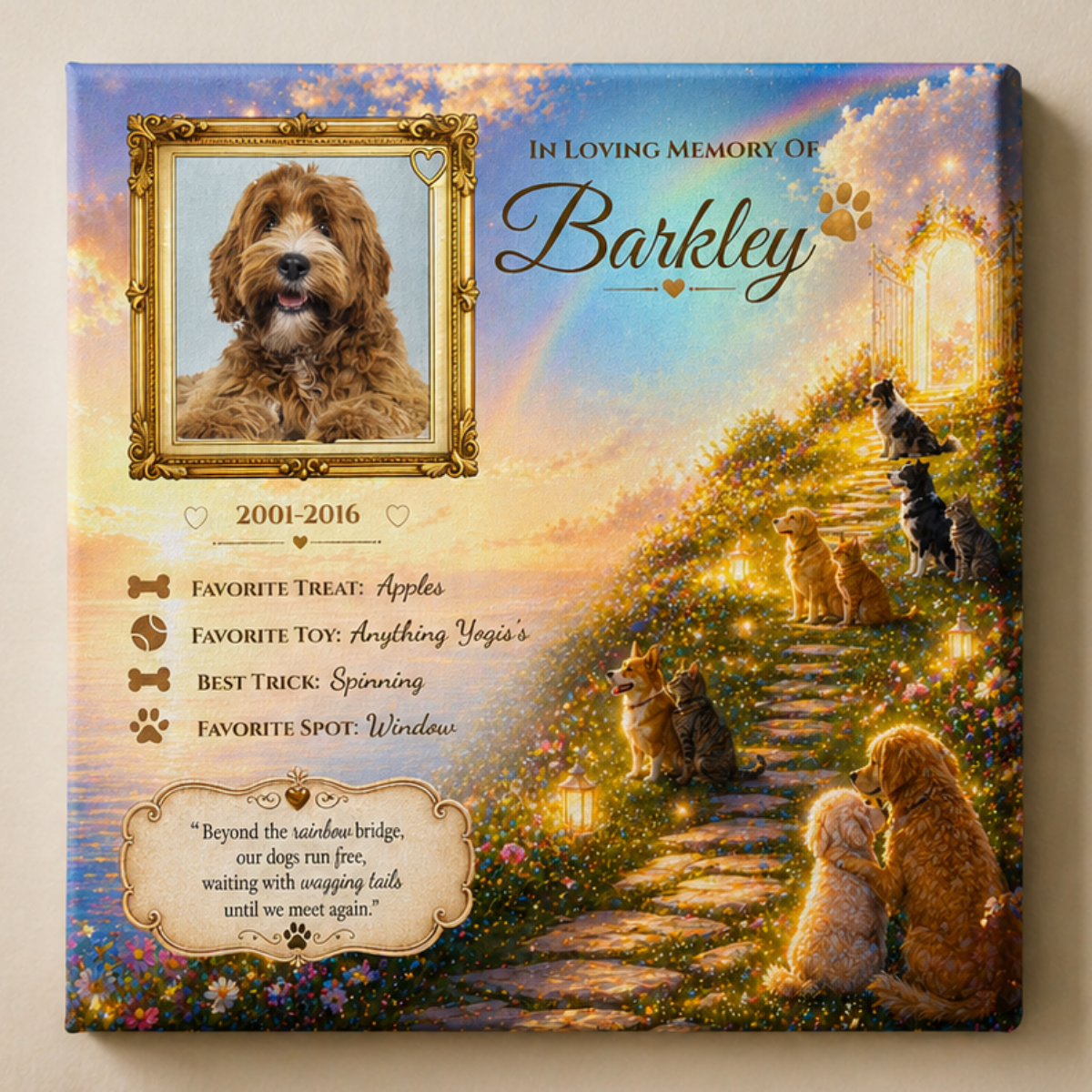 Memorial canvas for a dog with custom photo and pet heaven scenes with dog sand cats.