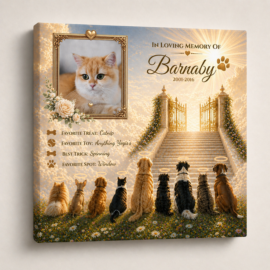 Memorial canvas for a cat named Barnaby with a gate scene and other cats.
