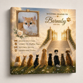 Memorial canvas for a cat named Barnaby with a gate scene and other cats.