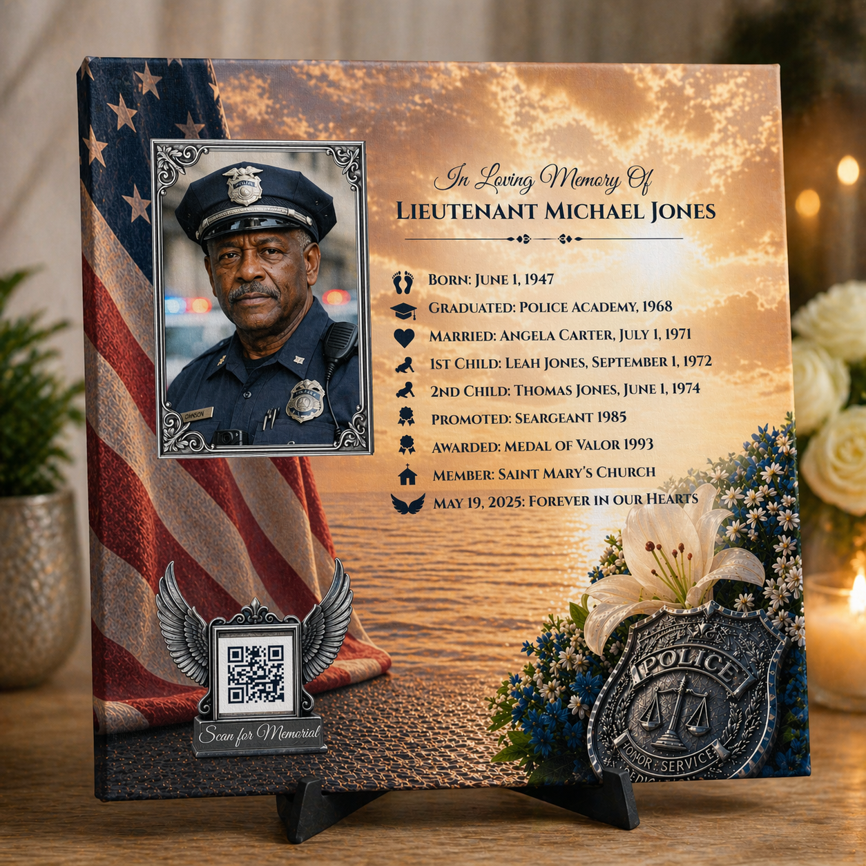 Memorial canvas timeline with custom photo, police badge and American flag design.