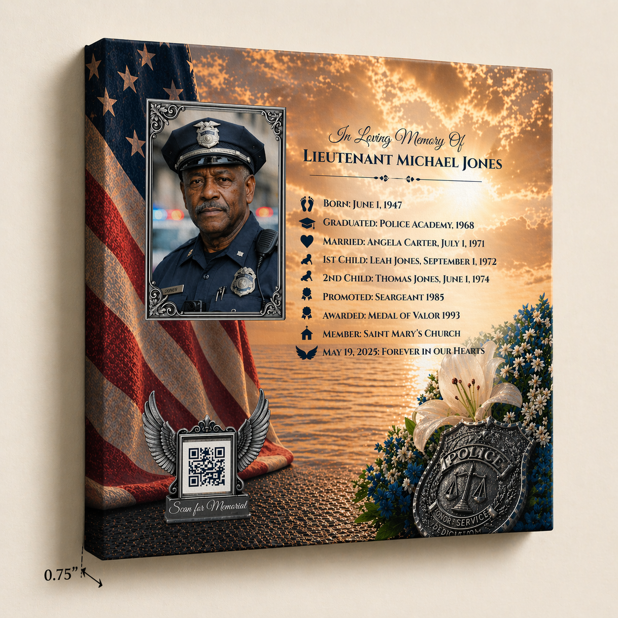 Memorial canvas timeline with custom photo, police badge and American flag design.