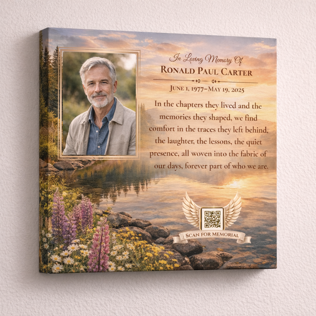 Memorial canvas featuring a man's portrait, a quote, and a lake with a mountain.