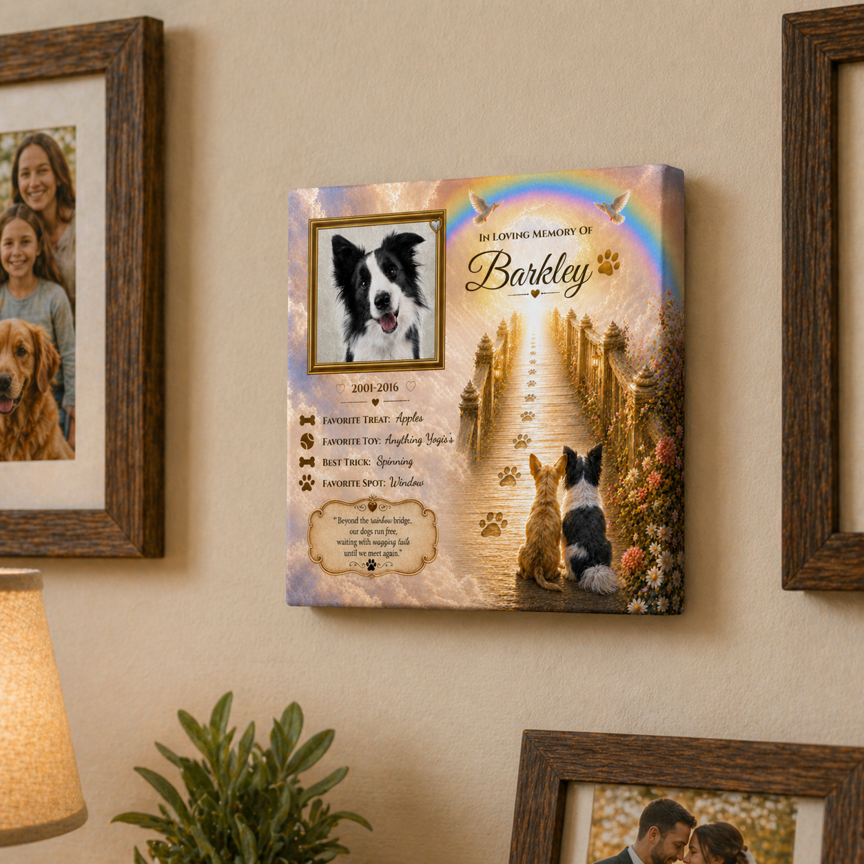 Personalized Memorial plaque for a dog with a rainbow bridge design and pet milestones.