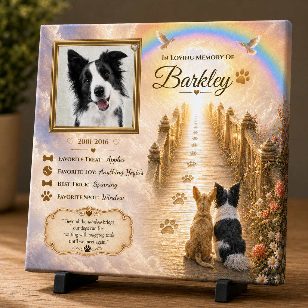 Personalized Memorial plaque for a dog with a rainbow bridge design and pet milestones.
