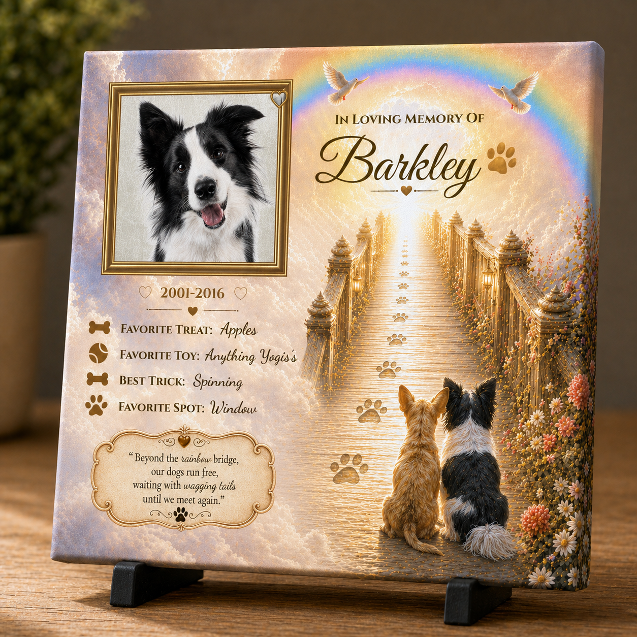 Personalized Memorial plaque for a dog with a rainbow bridge design and pet milestones.