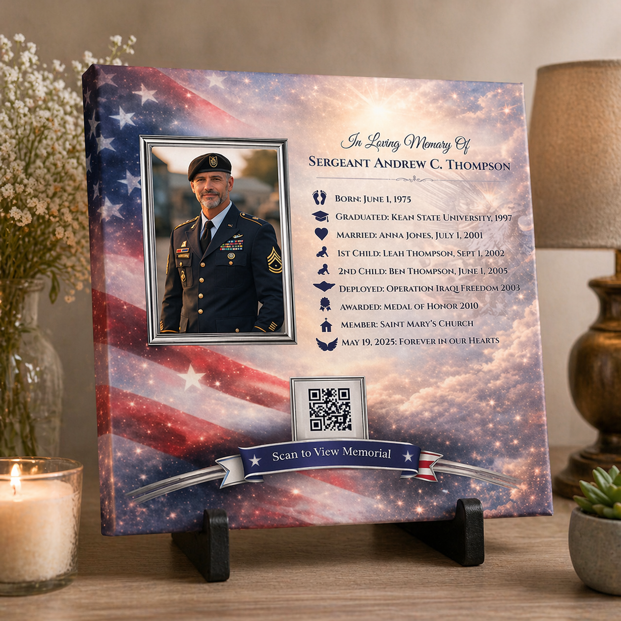 Memorial plaque for a military veteran with a photo and timeline details on an American flag background.